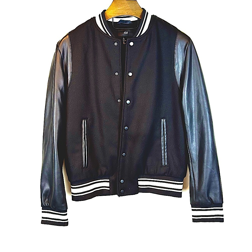 H&M Black Varsity Jacket with Leather Sleeves